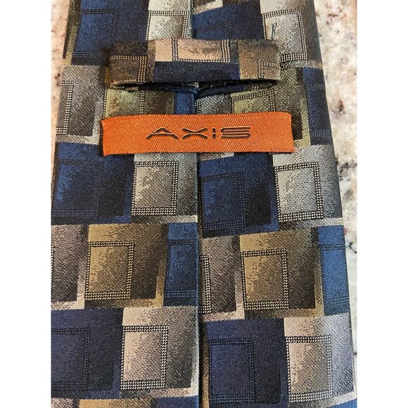 Axis Mens Silk Neck Tie Blue Gray Gold Squares Geometric Work Dad Gift - Picture 7 of 7